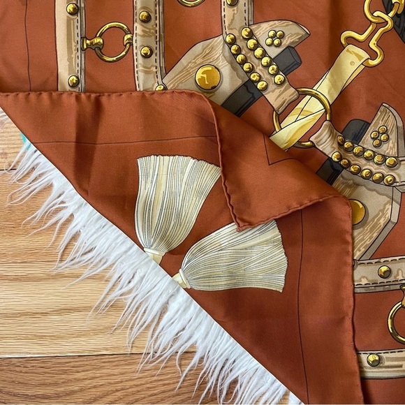 Hermès Vintage Brown Square Aux Champs Equestrian Floral Print Silk Scarf 90cm - Picture 10 of 12